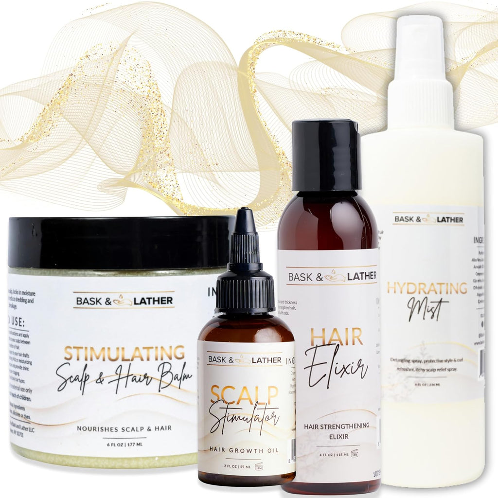 Complete Natural Haircare System for Growth & Hydration | Hair Elixir + Scalp Stimulator Oil + Balm + Hydrating Mist